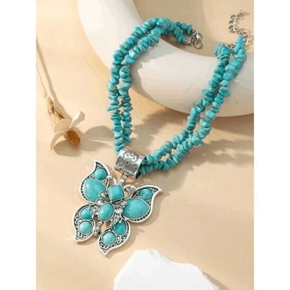 Silver Turquoise Western Butterfly Pendant Necklace